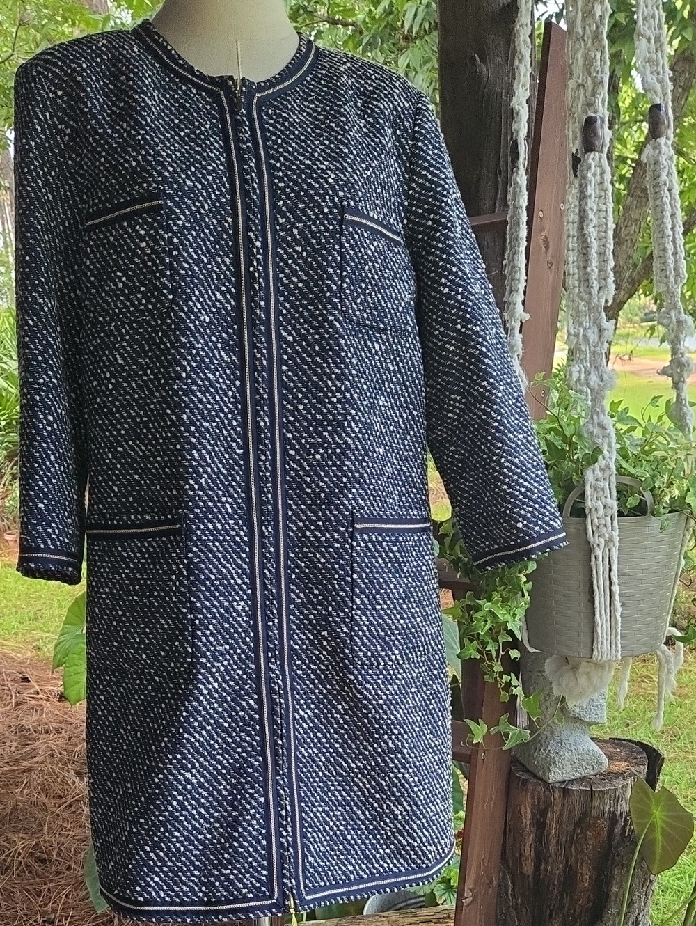 Doncaster Collection Navy Blue Tweed Zip Front Shift Dress Size 16